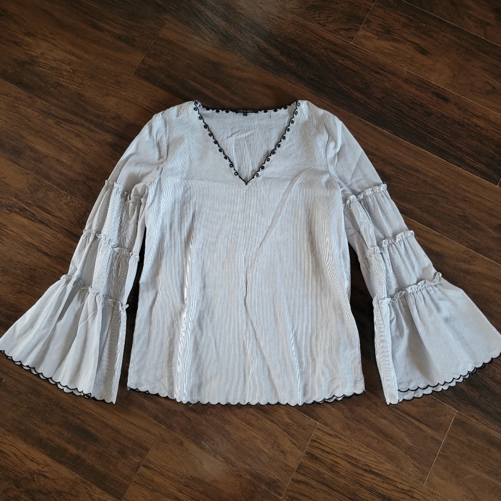 Kobi Halperin Pinstripe Cotton Long Tierred Bell Flounce Sleeve V-Neck Blouse XS